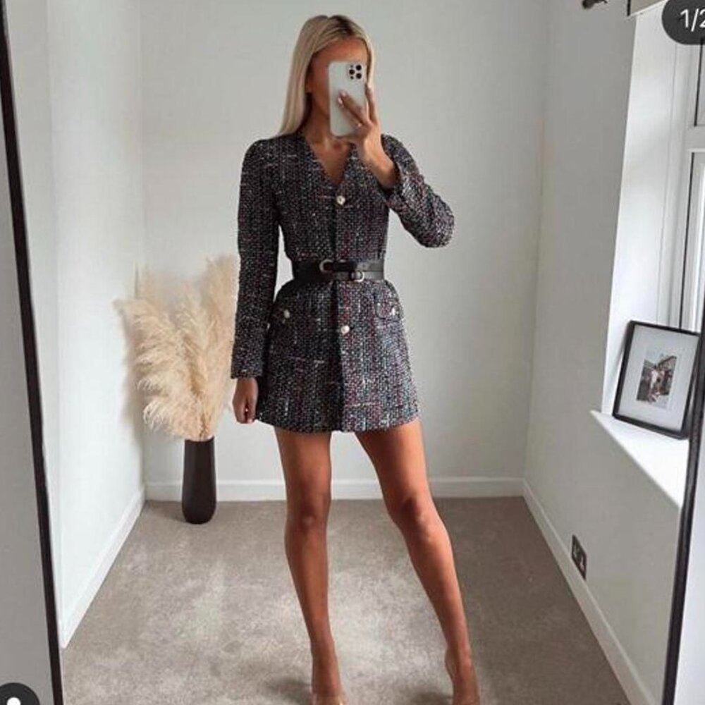 Zara Tweed Blazer/Dress Gold Button Textured Coat XS